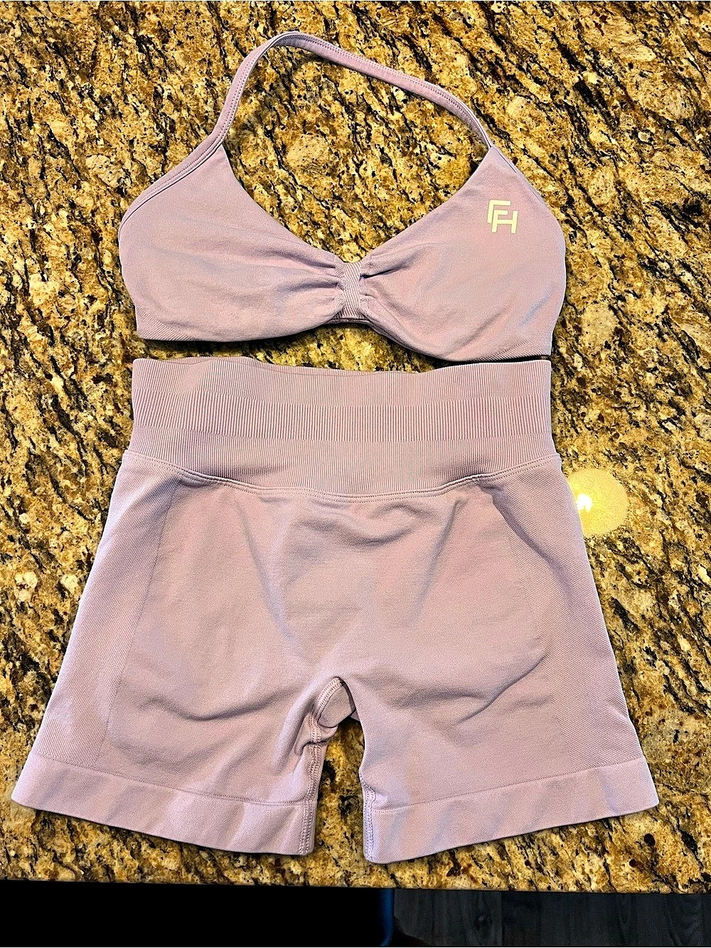 First Health Apparel Ascend Halter Sports Bra and Scrunch Shorts Set Purple